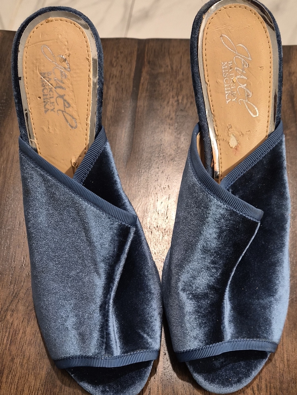 Jewel Badgley Mischka Midnight Blue Velvet Crossover Open-Toe Mules